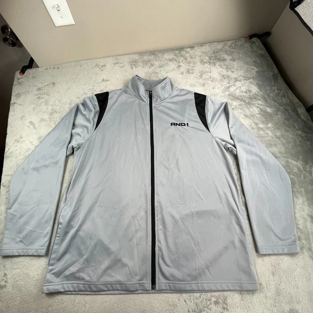 AND1 Jacket Mens XL Gray Full Zip Athletic Warm Up Track Top Basketball Stretch
